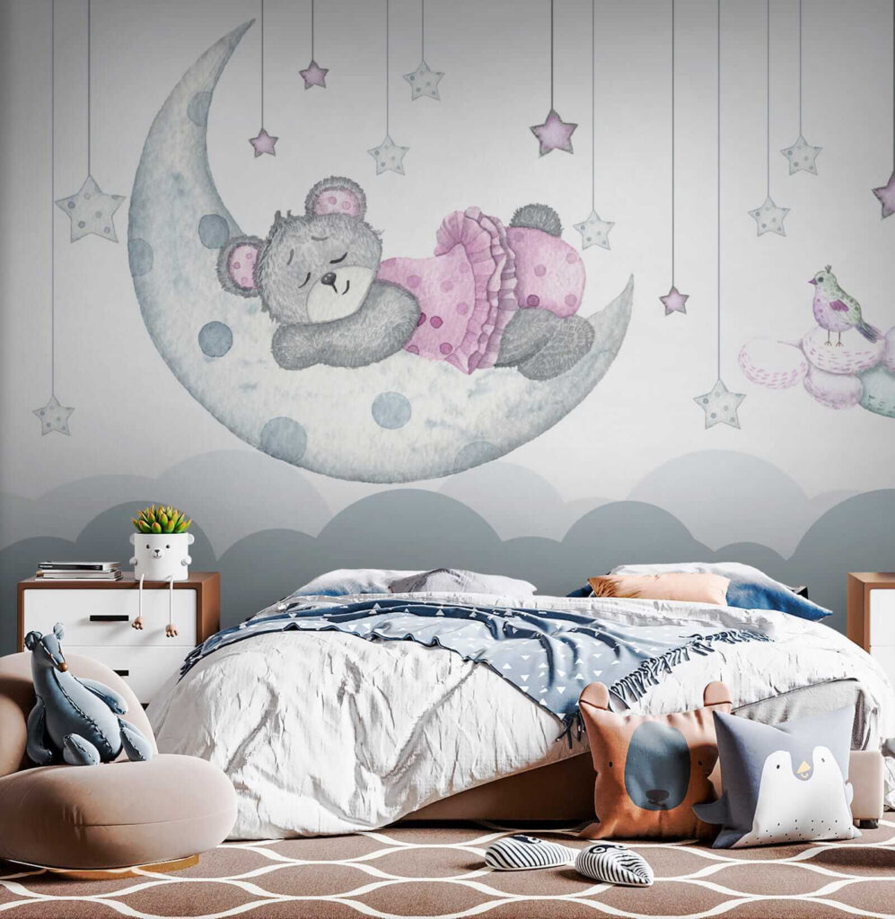 Teddy bear sleeping on the moon