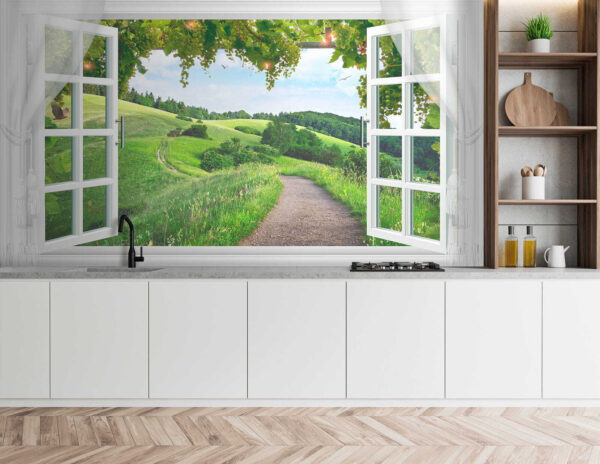 Window with open doors and a path through a grassy field Window with open doors and a path through a grassy field