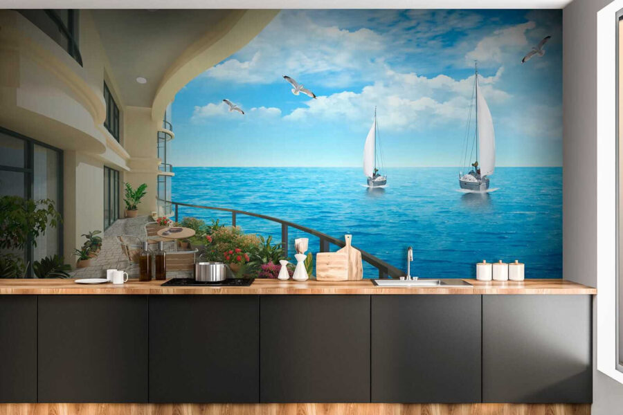 Balkon z widokiem na ocean i łodzie
