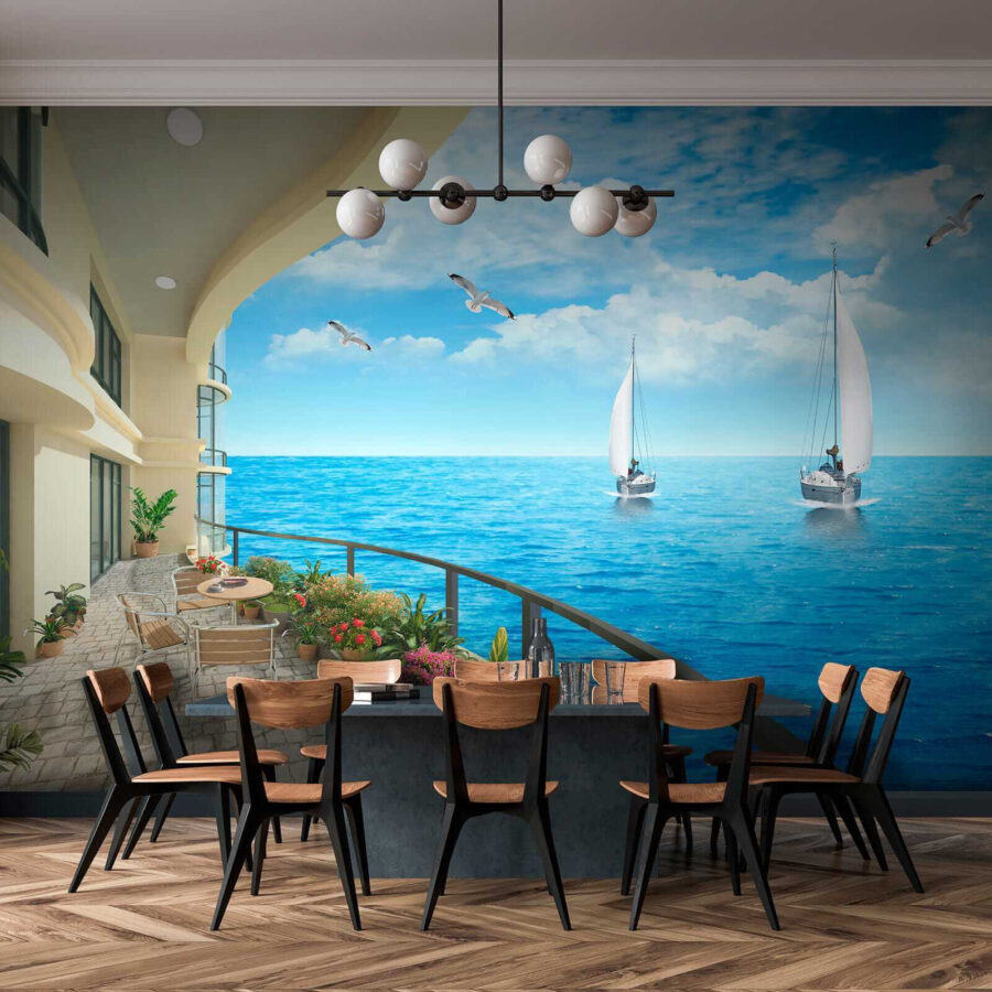 Balkon z widokiem na ocean i łodzie