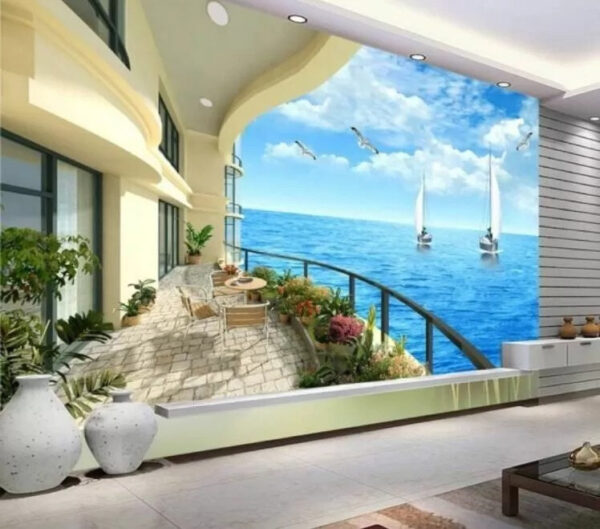 Balkon z widokiem na ocean i łodzie Balkon z widokiem na ocean i łodzie