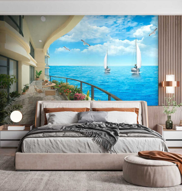 Balkon z widokiem na ocean i łodzie Balkon z widokiem na ocean i łodzie