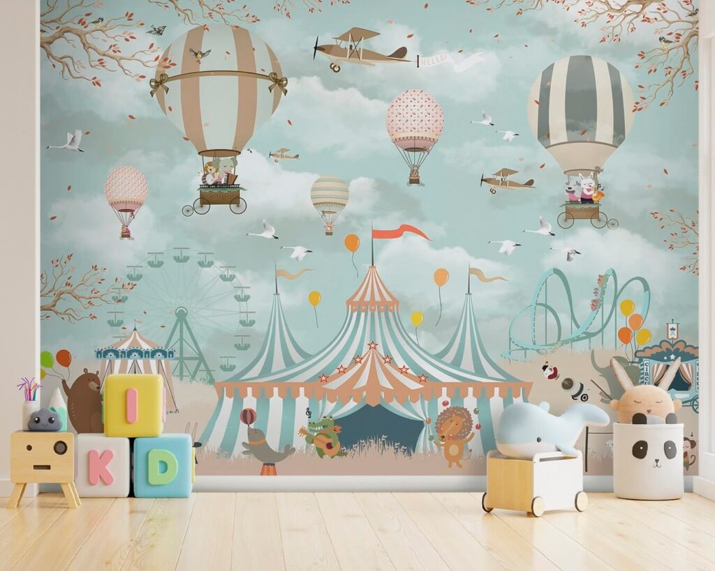 Circus tent with hot air balloons and birds
