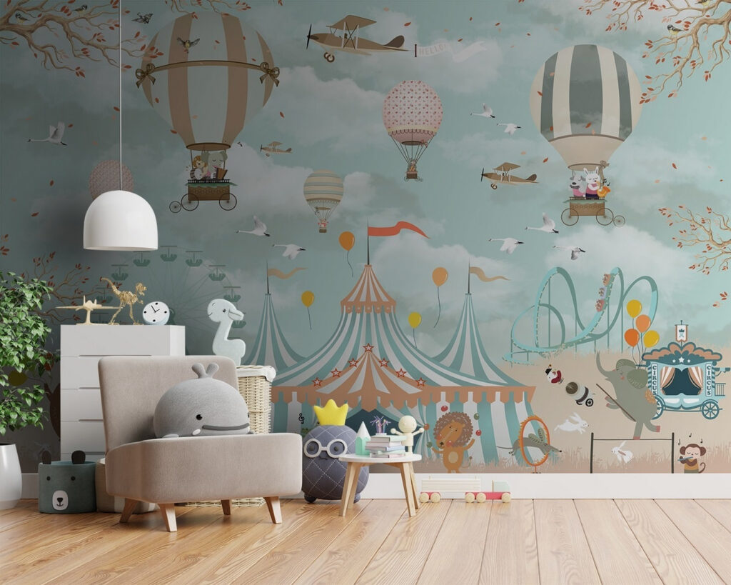 Circus tent with hot air balloons and birds