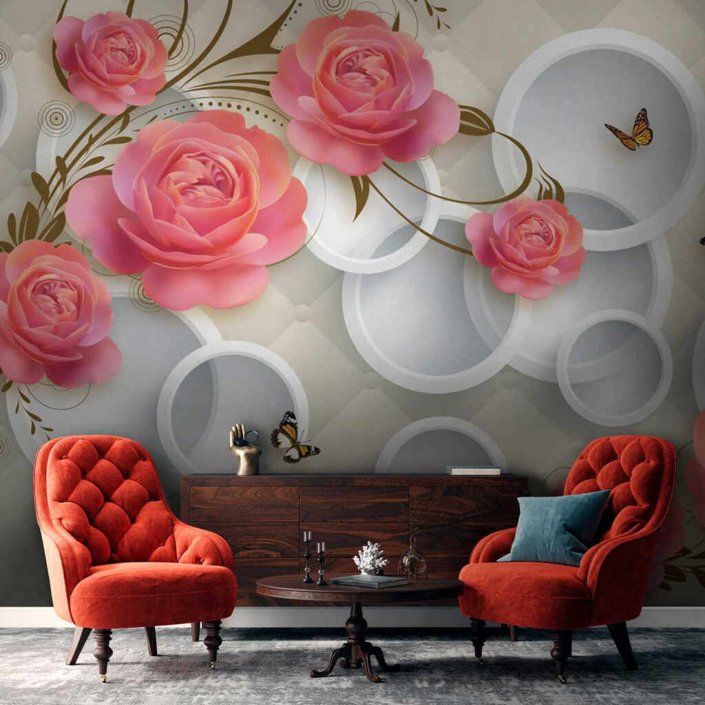 Wallpaper with roses and butterflies