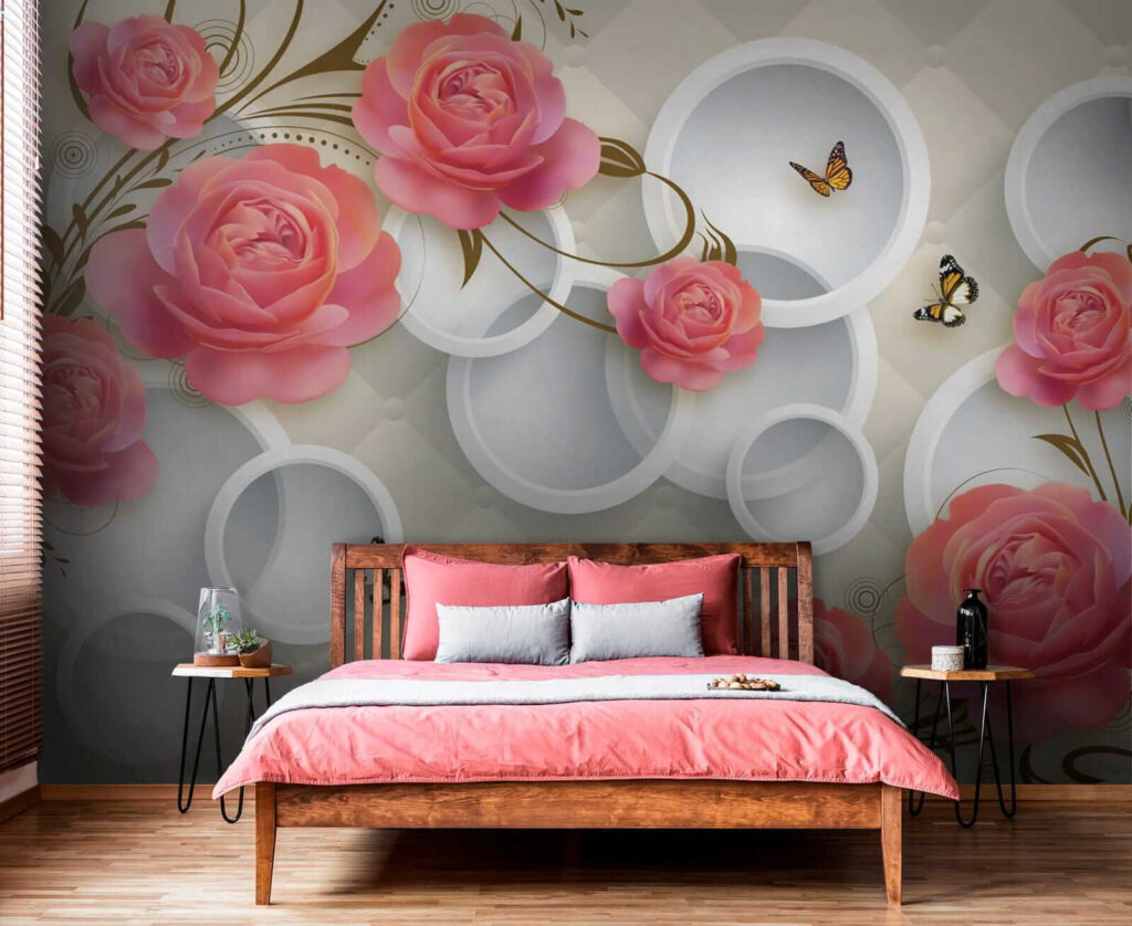 Wallpaper with roses and butterflies