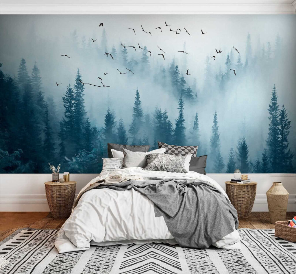 Birds flying over a forest