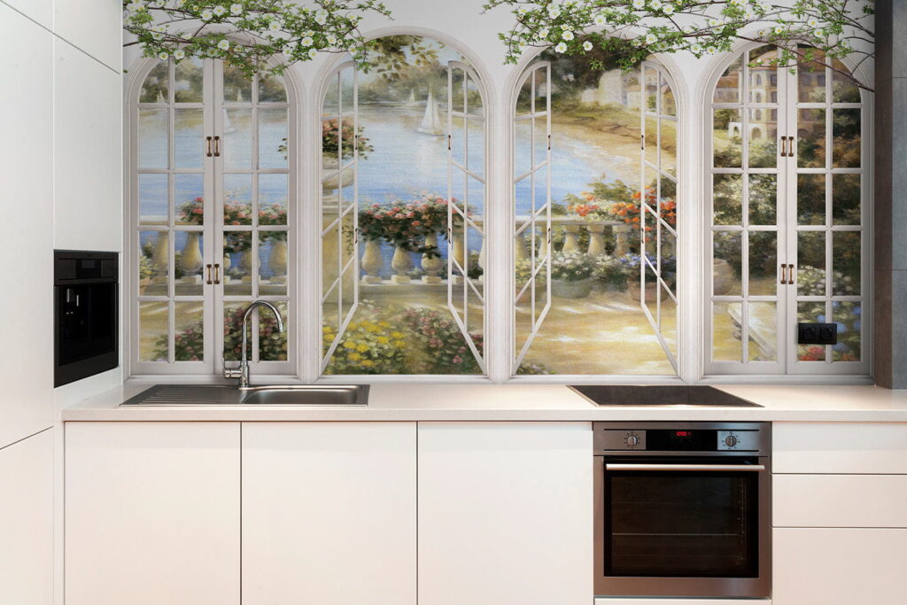 Wall mural of a garden with a view of a balcony Wall mural of a garden with a view of a balcony