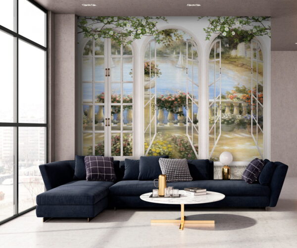 Wall mural of a garden with a view of a balcony Wall mural of a garden with a view of a balcony