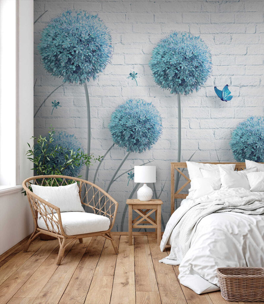 Wallpaper with blue flowers and butterflies