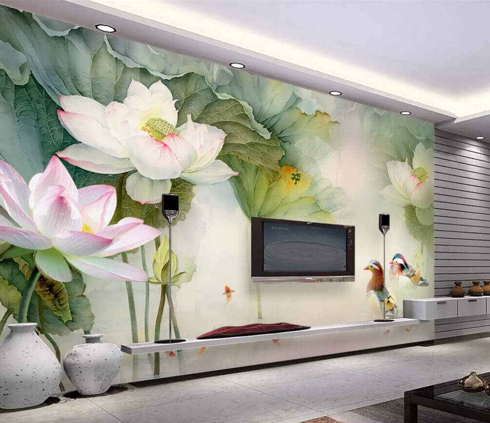 u10109pig1m - Obraz przedstawiający kaczkę pływającą w stawie z kwiatami - tegory