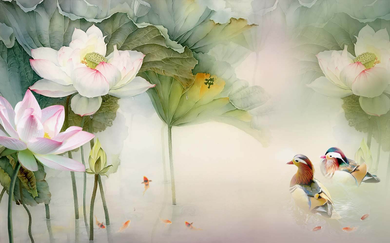 u10109p - Obraz przedstawiający kaczkę pływającą w stawie z kwiatami - tegory