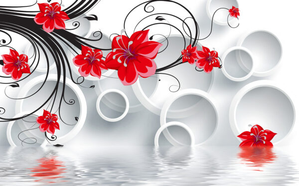 Wallpaper with red flowers and white circles