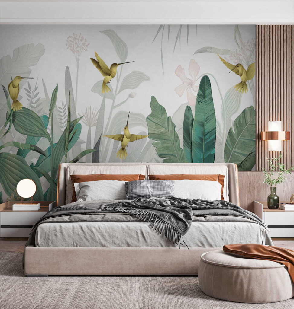 Hummingbirds flying over plants