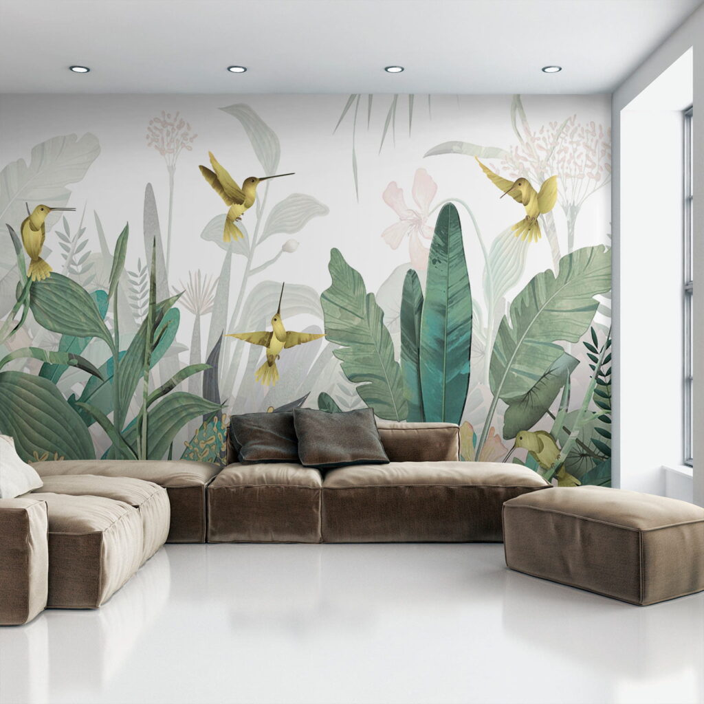 Hummingbirds flying over plants