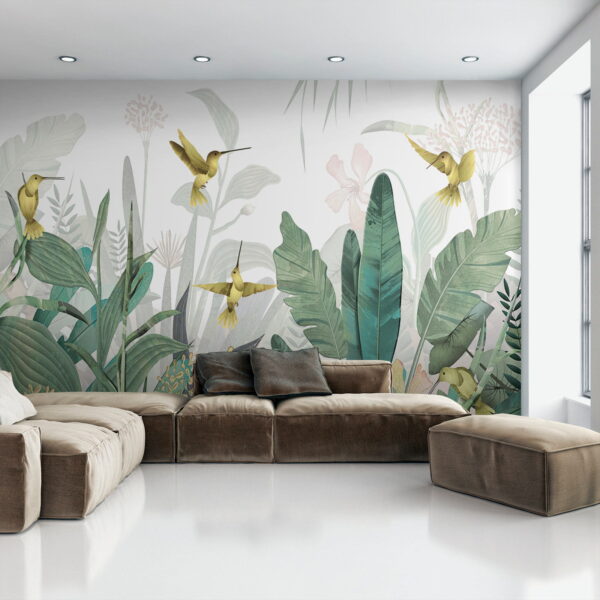 Hummingbirds flying over plants