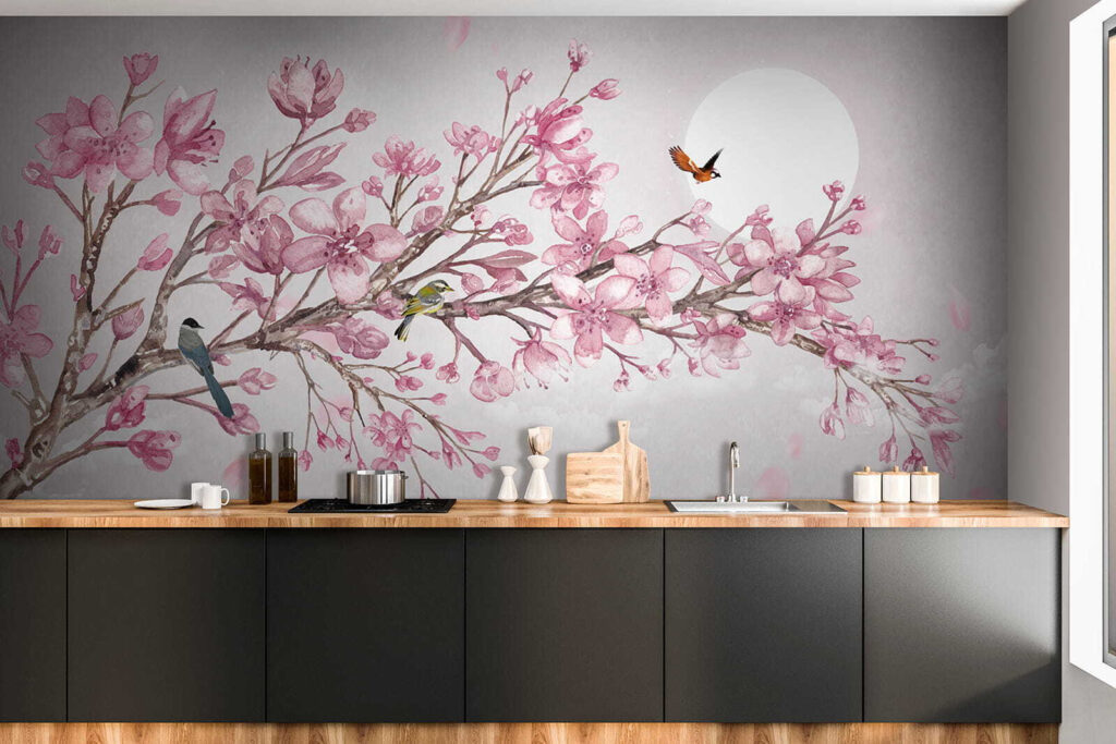 Painting of a branch with pink flowers and birds