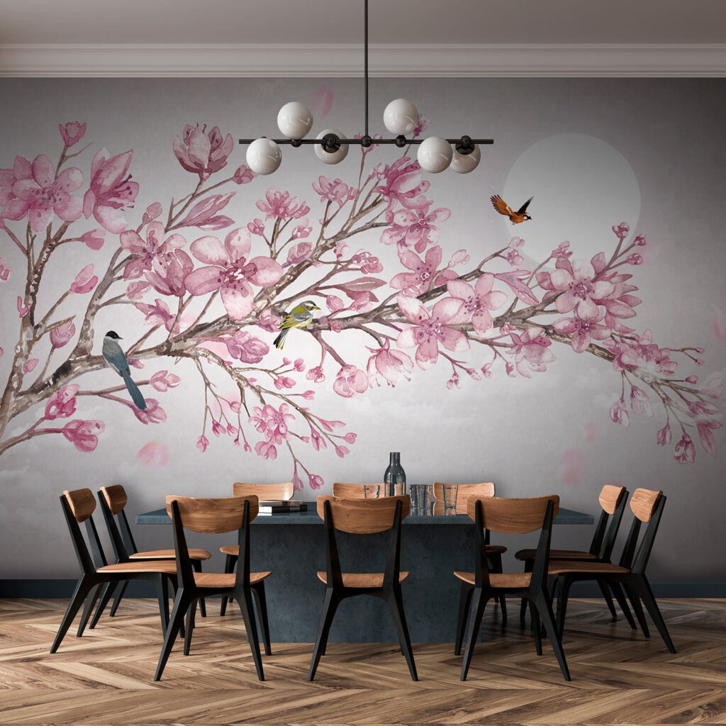Painting of a branch with pink flowers and birds
