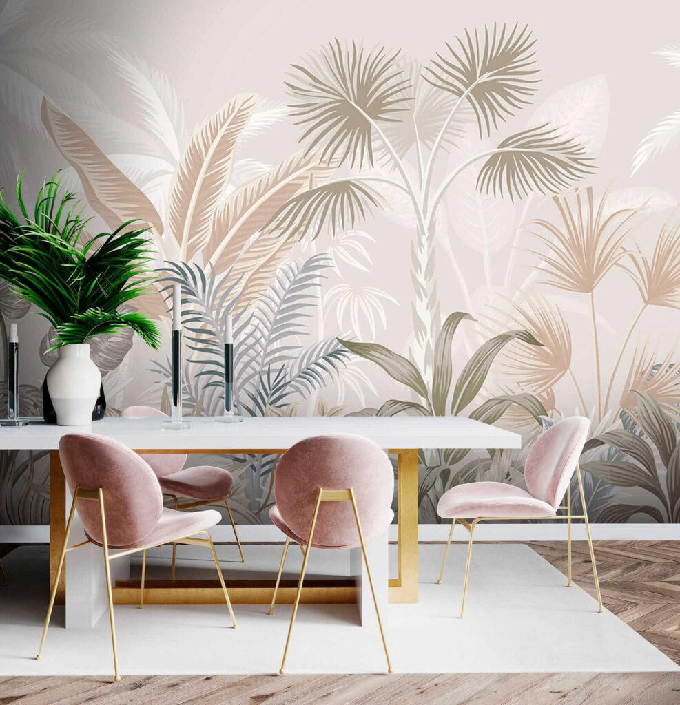 Tropical leaves in soft pastel hues