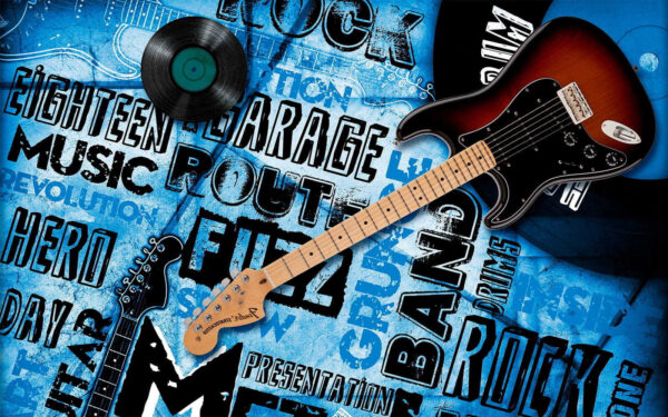 Gitara i nagranie na niebieskim tle Gitara i nagranie na niebieskim tle