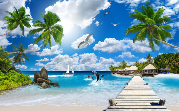 Drewniany dok z palmami i plażą z łodziami i delfinami Drewniany dok z palmami i plażą z łodziami i delfinami