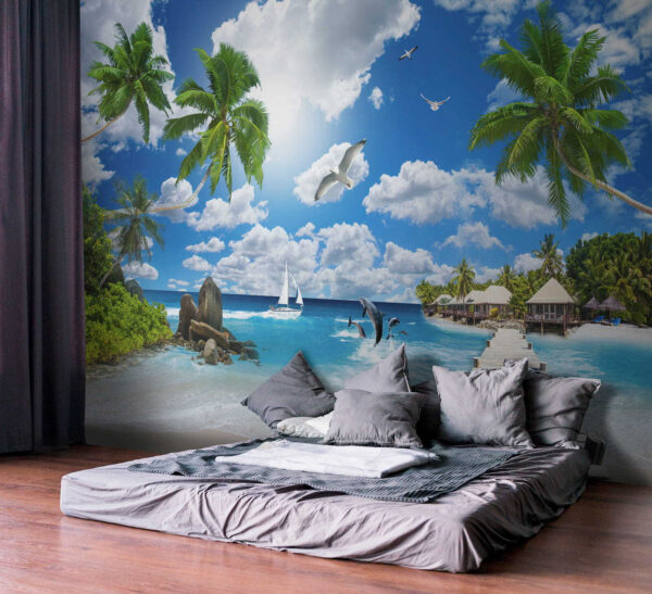 Drewniany dok z palmami i plażą z łodziami i delfinami Drewniany dok z palmami i plażą z łodziami i delfinami