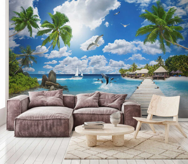 Drewniany dok z palmami i plażą z łodziami i delfinami Drewniany dok z palmami i plażą z łodziami i delfinami