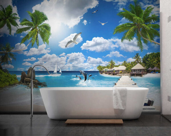 Drewniany dok z palmami i plażą z łodziami i delfinami Drewniany dok z palmami i plażą z łodziami i delfinami