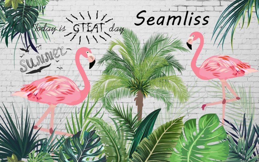 Ściana z flamingami i palmami Ściana z flamingami i palmami