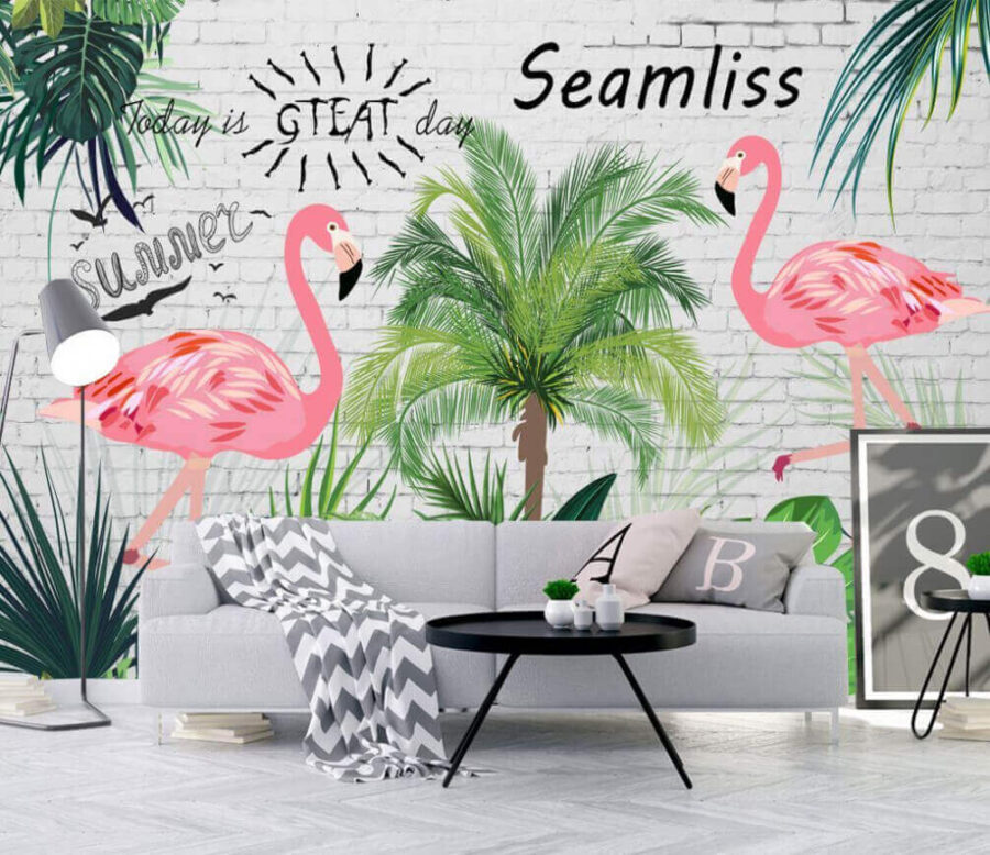 Ściana z flamingami i palmami Ściana z flamingami i palmami