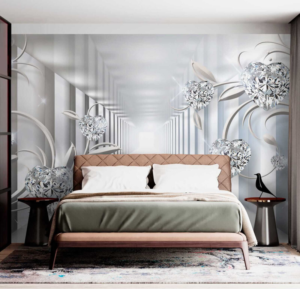 White hallway with diamonds and flowers