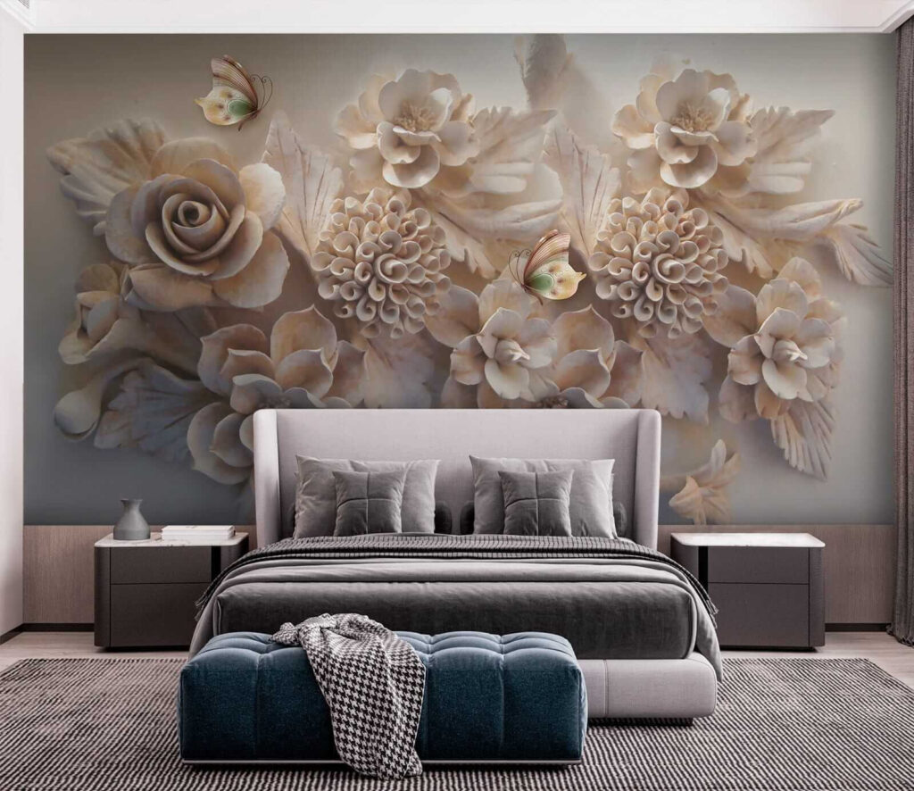 Group of white flowers and butterflies Group of white flowers and butterflies