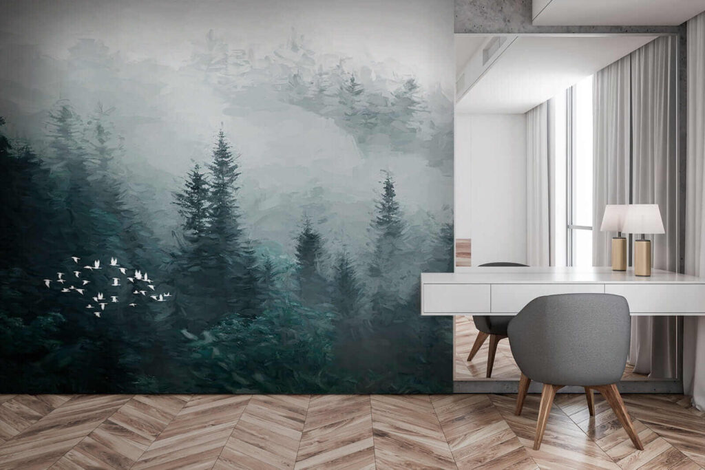 Mglisty las z przelatującymi ptakami u23921pib3 1024x683 - Mglisty las z przelatującymi ptakami - tegory