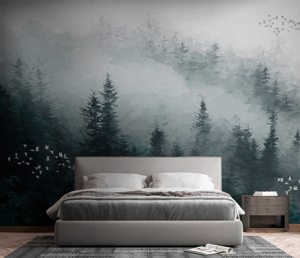 Mglisty las z przelatującymi ptakami u23921pib4 1024x883 - Mglisty las z przelatującymi ptakami - tegory