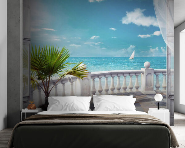 Balkon z palmą i żaglówką na wodzie Balkon z palmą i żaglówką na wodzie