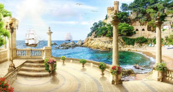 Balkon z kolumnami i kwiatami od strony oceanu Balkon z kolumnami i kwiatami od strony oceanu