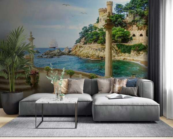 Balkon z kolumnami i kwiatami od strony oceanu Balkon z kolumnami i kwiatami od strony oceanu