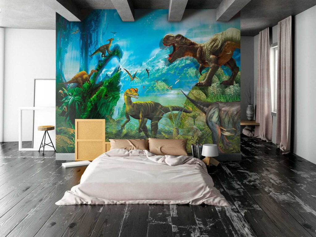 Group of dinosaurs in a forest