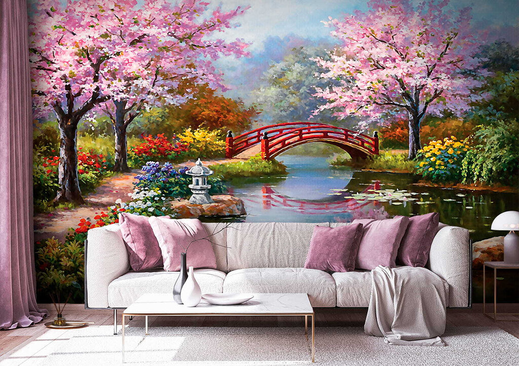 Painting of a pond with a bridge and flowers Painting of a pond with a bridge and flowers
