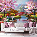 Fototapeta Obraz stawu z mostem i kwiatami