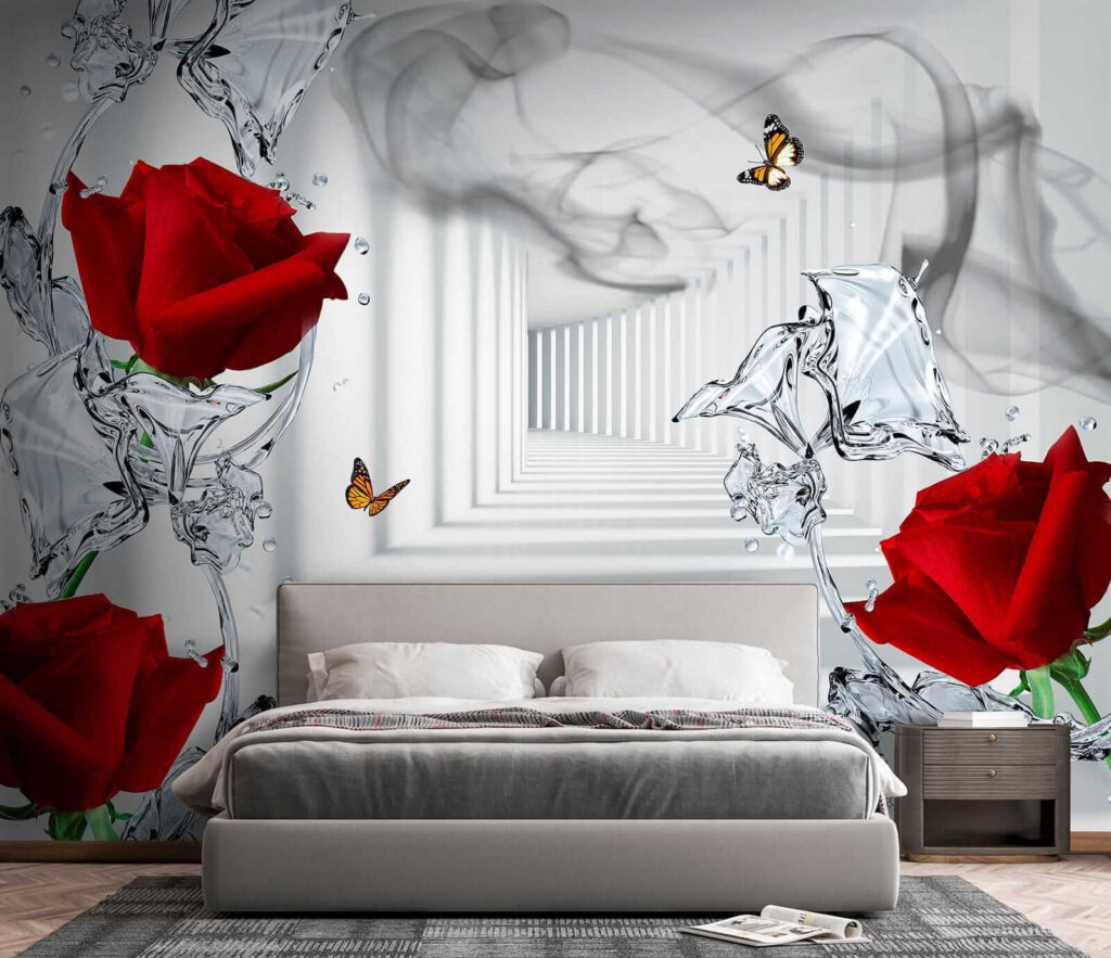 Red roses and butterflies in a glass