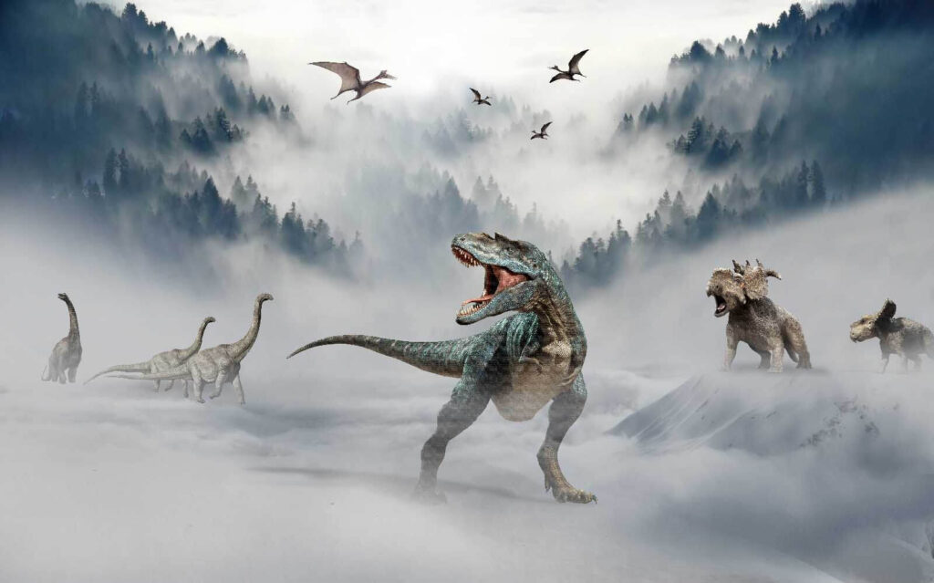 Grupa dinozaurów na śniegu Grupa dinozaurów na śniegu