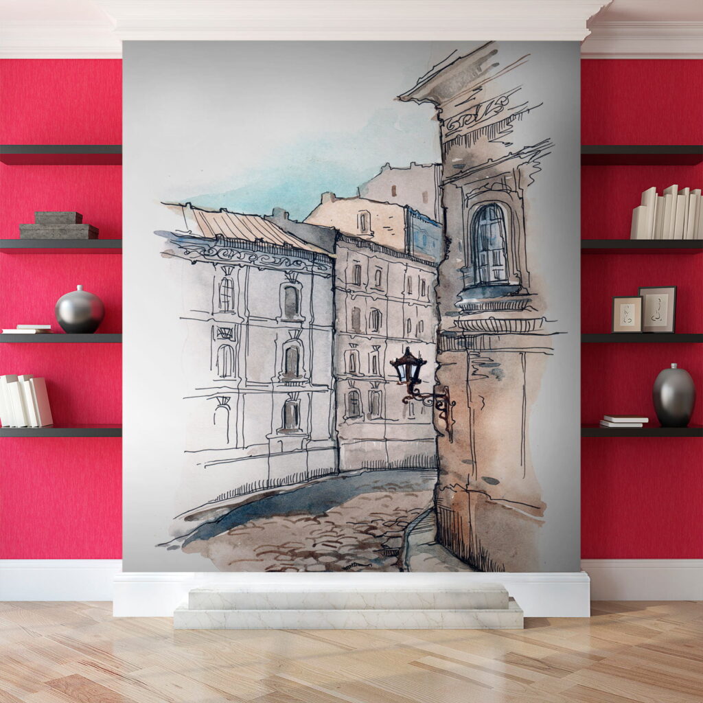 Drawing of a street with buildings