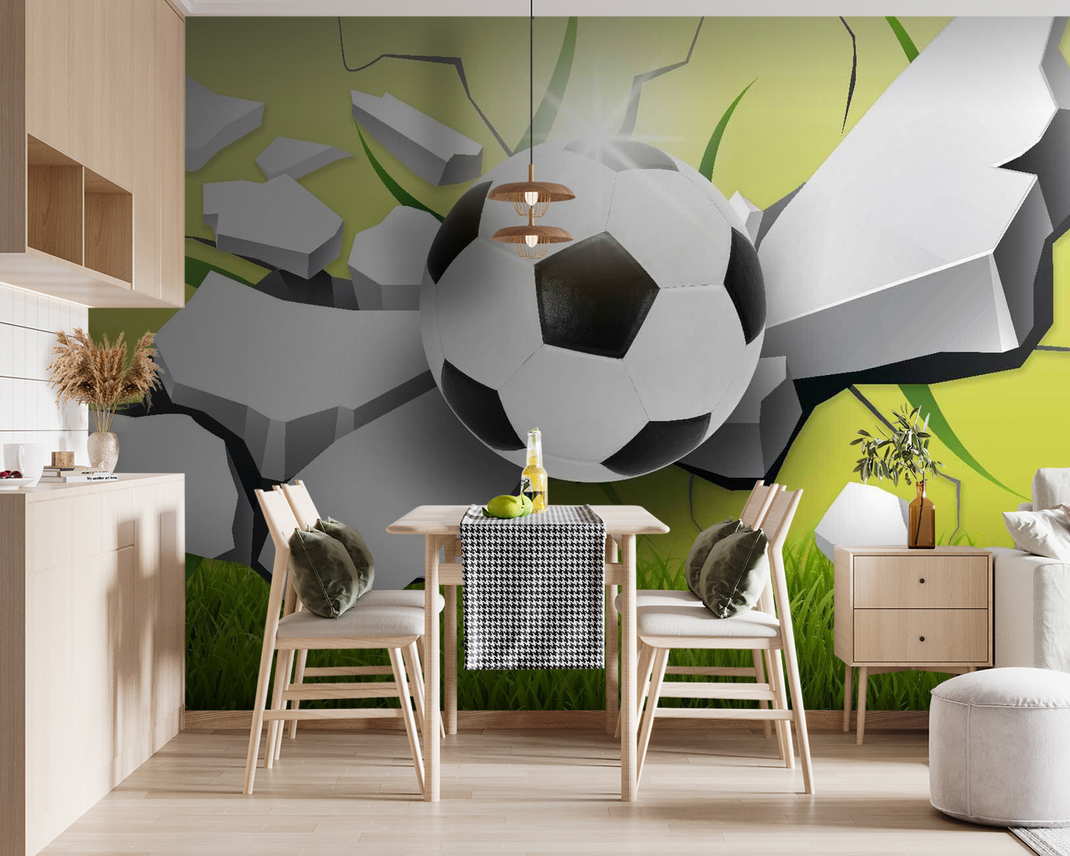 Football ball breaking through a wall
