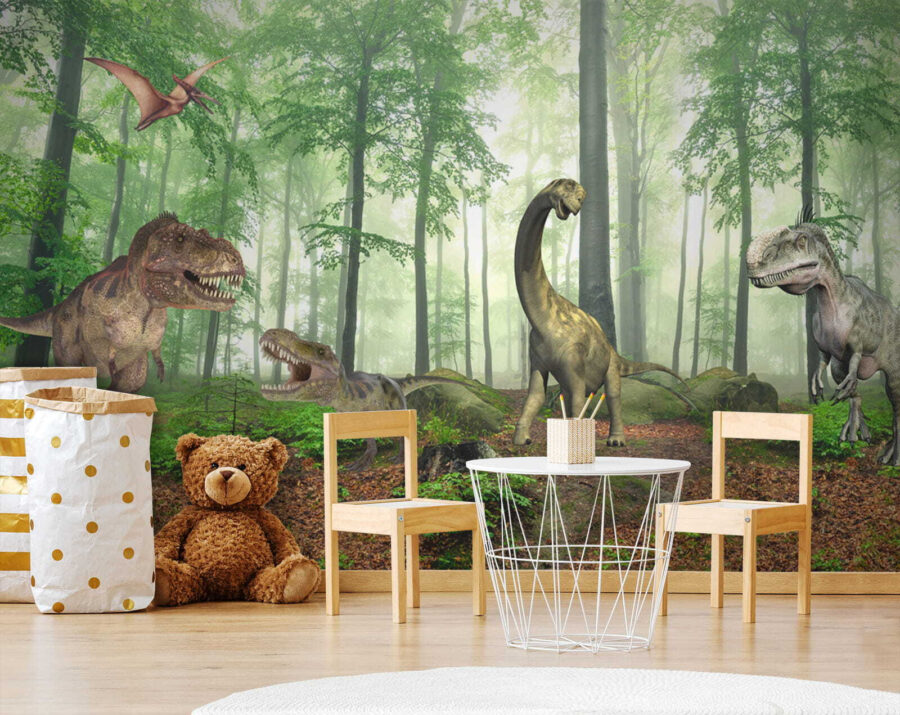 Grupa dinozaurów w lesie