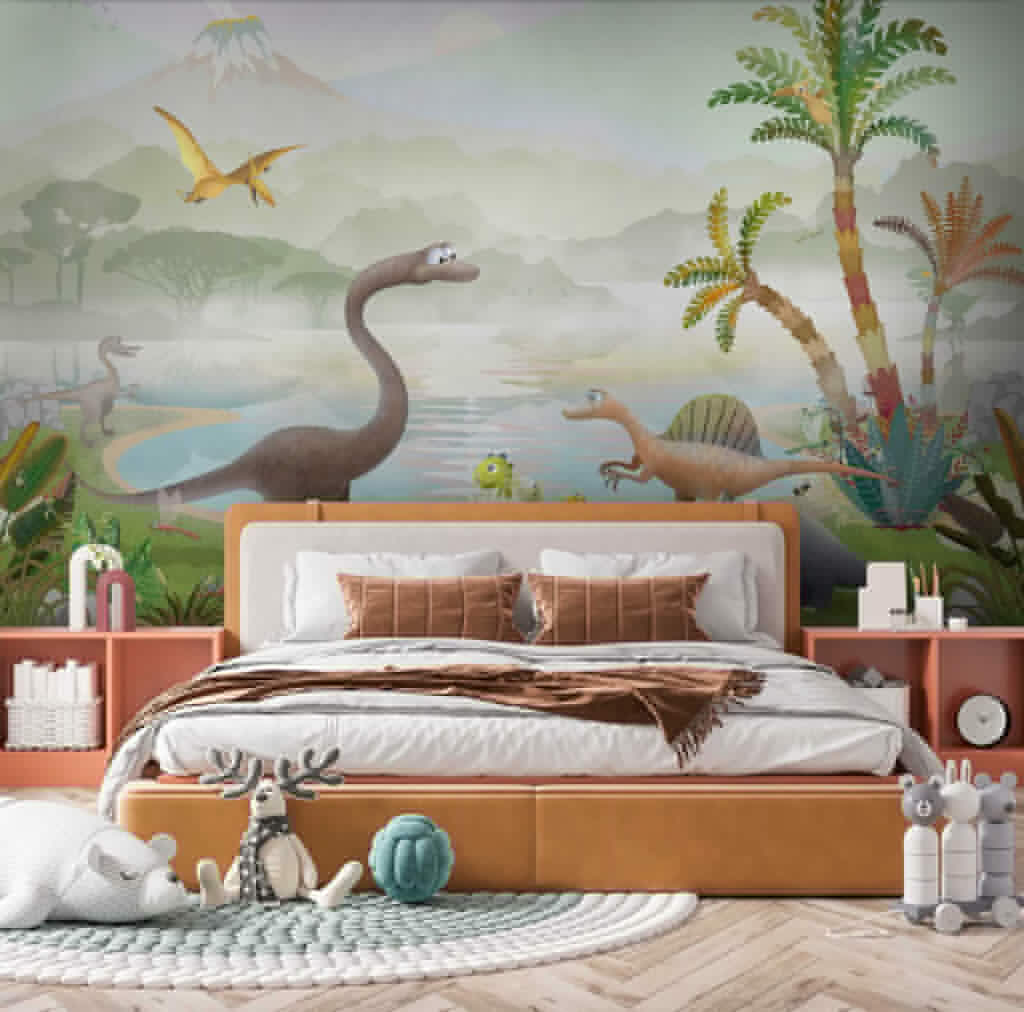 Group of dinosaurs near a lake