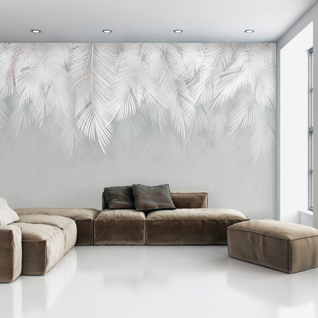 White feather pattern on a gray background