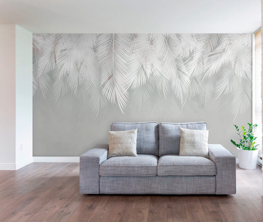 White feather pattern on a gray background