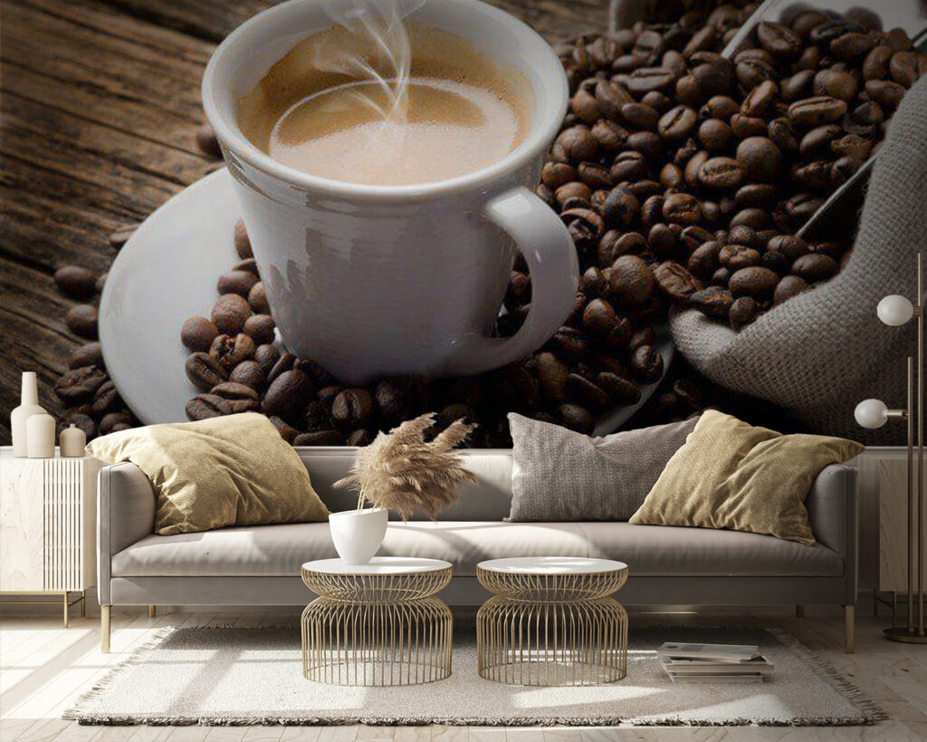 Cup of coffee on a saucer with coffee beans Cup of coffee on a saucer with coffee beans