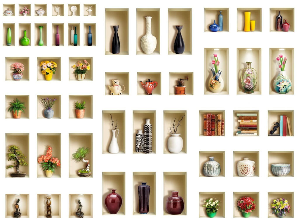 Wall with shelves full of vases and flowers